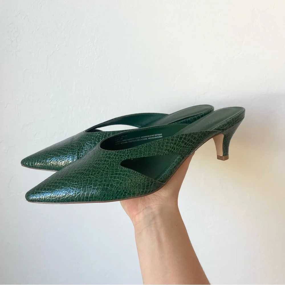 Anthropologie Matisse Cut Out Mule Green Faux Snakeskin Kitten Heels Shoes 10 - Picture 1 of 8